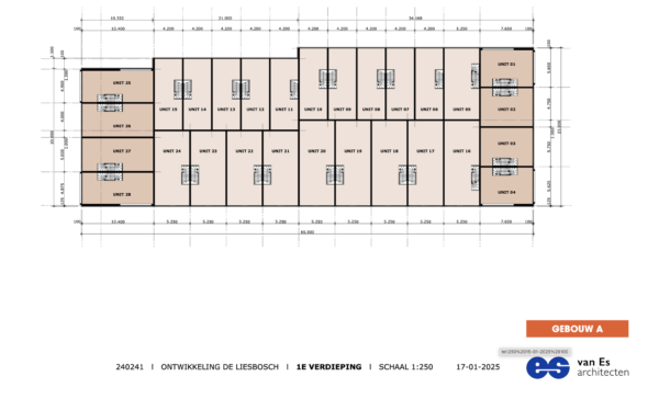 Plattegrond van de eerste verdieping van gebouw A in de ontwikkeling De Liesbosch met 28 genummerde units.